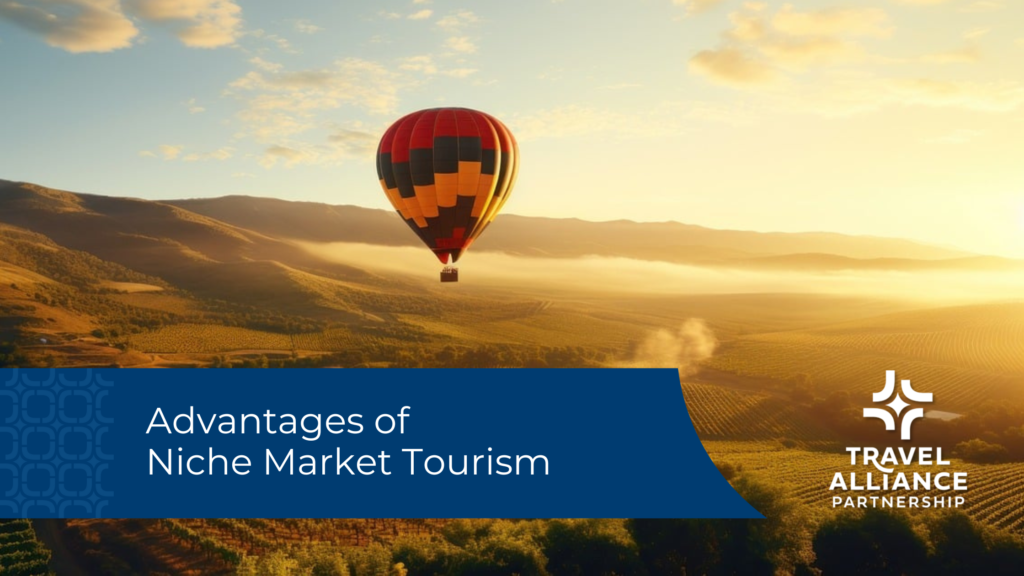 a hot air balloon floats above a wine landscape, with a blue bar in the foreground displaying the blog title "advantages of niche market tourism"