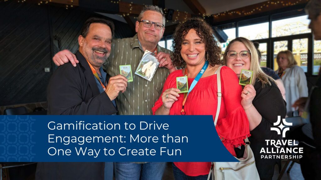 four people dressed professionally hold up memory game matching cards, an overlay displays the title of the blog - Gamification to Drive Engagement: More than One Way to Create Fun