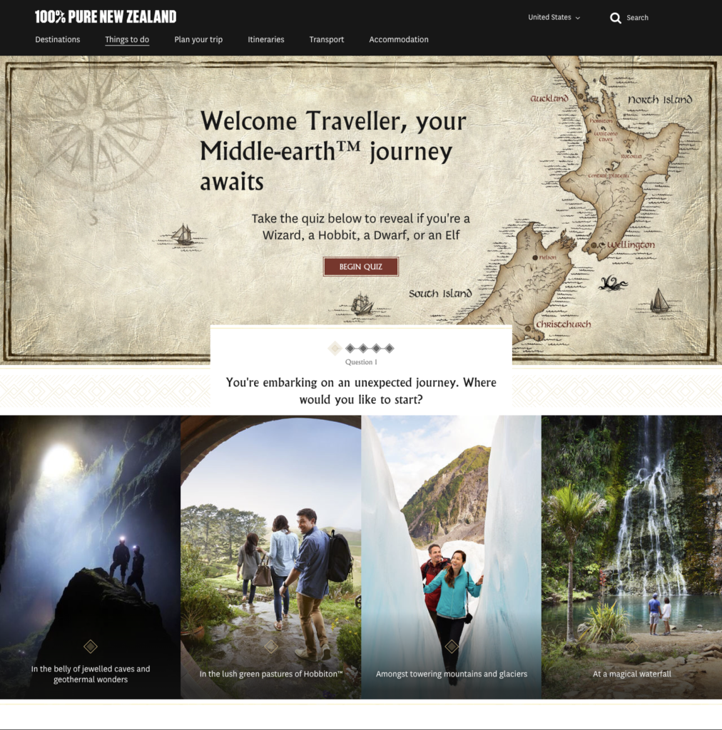 A screenshot of the New Zealand tourism website, with navigation at the top in a black bar followed by a map of Middle Earth and content that supports the destination positioning